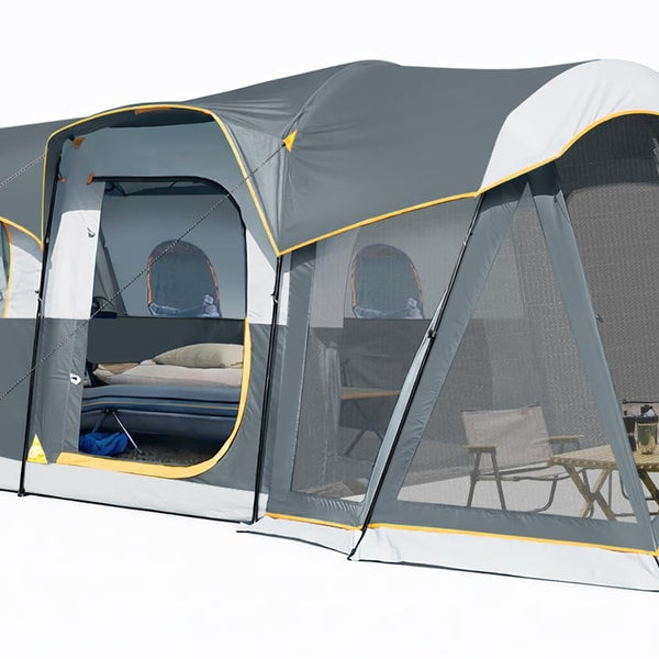 8-Person Waterproof Tunnel Tent with Screened Porch – Extra Large Family Camping Tent 20' x 9', Cabin Style, Rain Fly Included