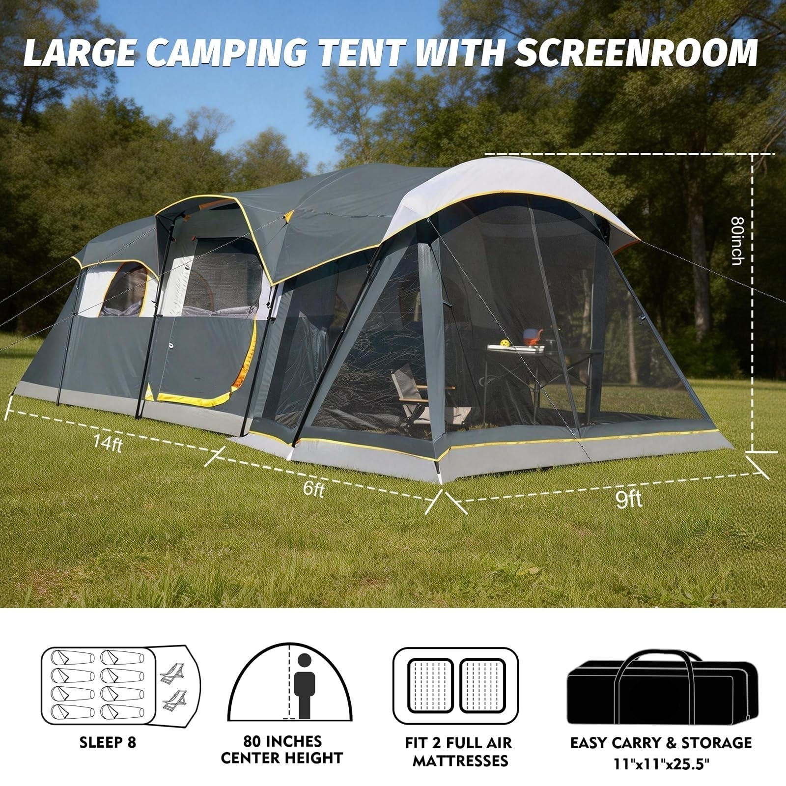 8-Person Waterproof Tunnel Tent with Screened Porch – Extra Large Family Camping Tent 20' x 9', Cabin Style, Rain Fly Included
