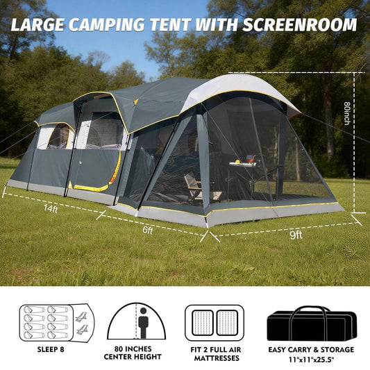 8-Person Waterproof Tunnel Tent with Screened Porch – Extra Large Family Camping Tent 20' x 9', Cabin Style, Rain Fly Included
