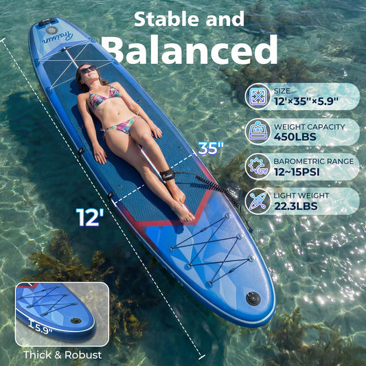 PRAISUN All-Round Inflatable SUP – 12' x 35" Wide Stand Up Paddle Board for Yoga, Fishing & Family Fun | Includes Deluxe Seat & Complete Kit