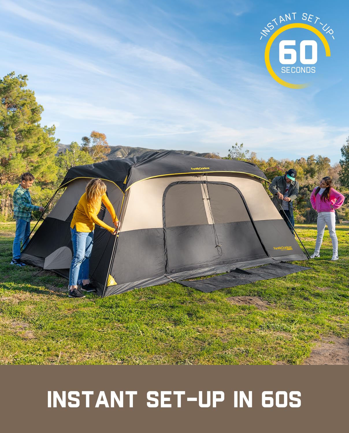 FanttikOutdoor 8-Person Instant Cabin Tent – 60 Second Setup, Waterproof Rainfly & Windproof, Large Family Camping Tent with Carry Bag